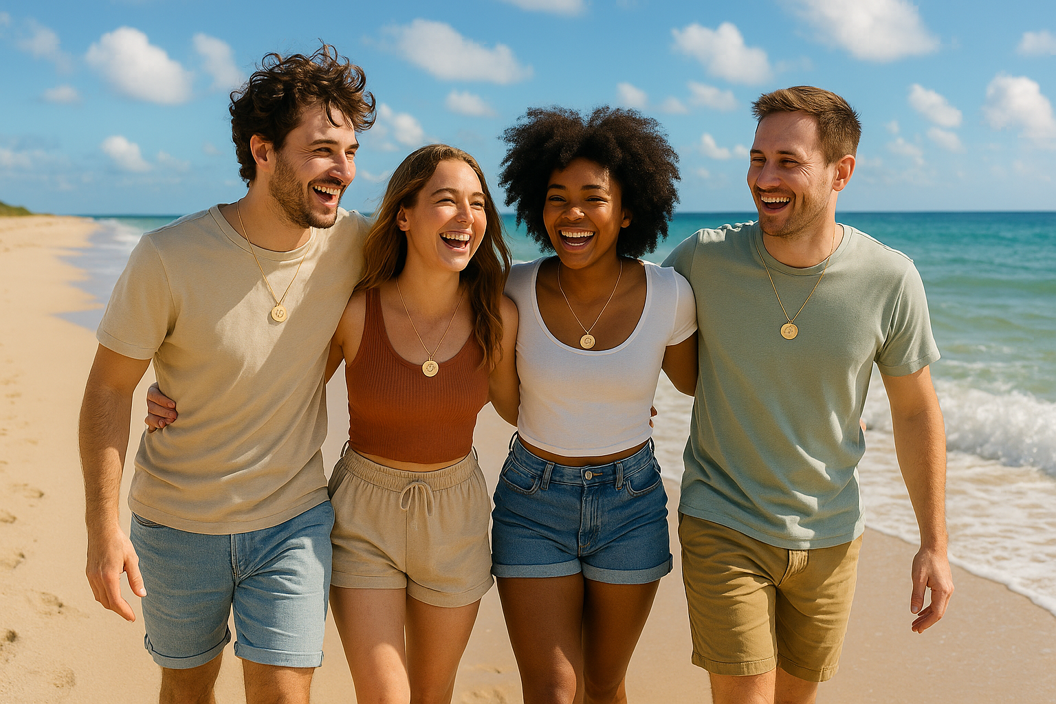 a happy friends walking on the side of the beach with white bright sunny day, they are all wearing a coin necklace with laser engraved of dog, make the coin necklace size small