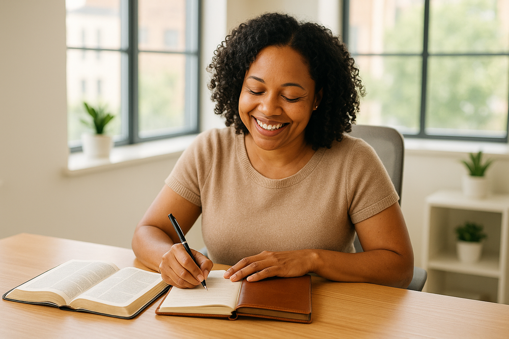 a happy lady doing bible devotion and writing a note with her brown journal, she is sitting in the office room that very bright