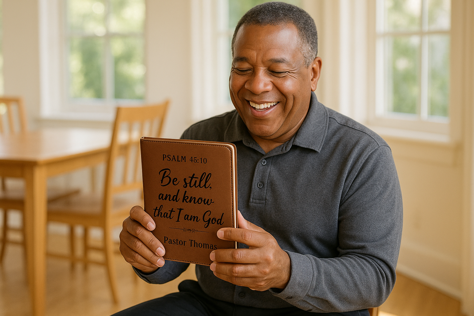 a happy pastor holding the personalized laser engraved journal with bible verse in the front of Psalm 46:10 with his name at the bottom, he is sitting in the dining area wearing a long sleeve polo and formal pants, the area is bright